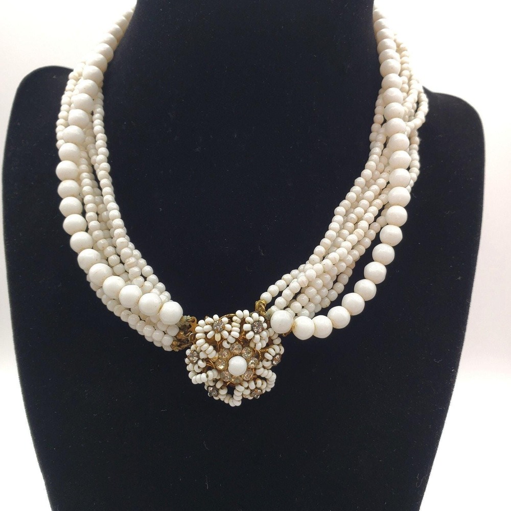 White Beaded Choker Eugene Schultz Multi Strand Necklace Flower Bride Summer MCM